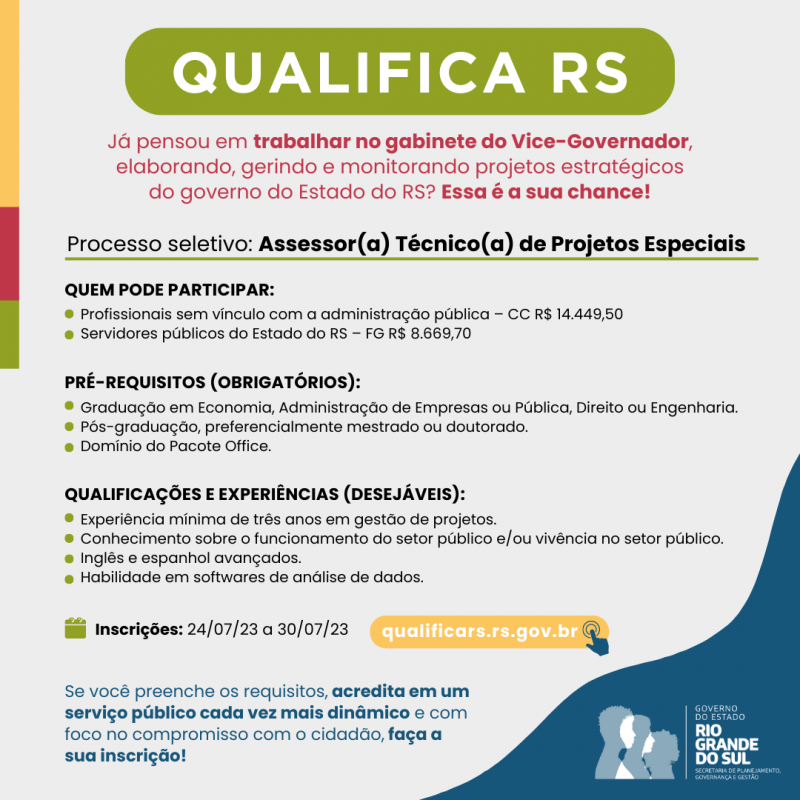 Qualifica RS abre vaga para Assessor Técnico de Projetos Especiais